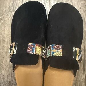 Chic Black Suede Mules with Colorful Straps